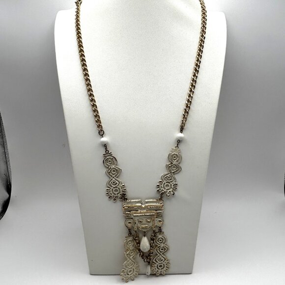 Vintage Sarah Cov Tribal Aztec White Enamel Large Pendant Necklace 36” - Picture 7 of 12
